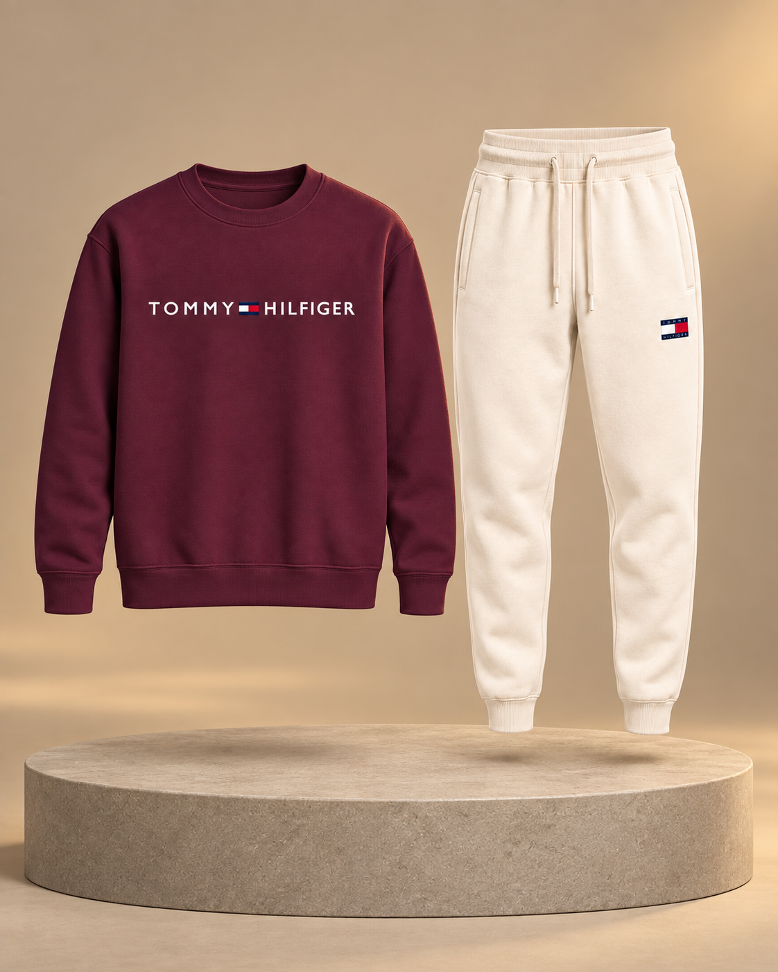 Tommy Hilfiger Crewneck & Pant – Burgundy & Off white