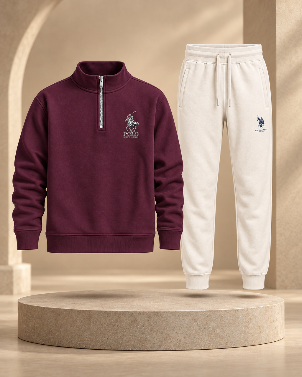 Polo Burgundy Quarter-Zip & Off-White Pants